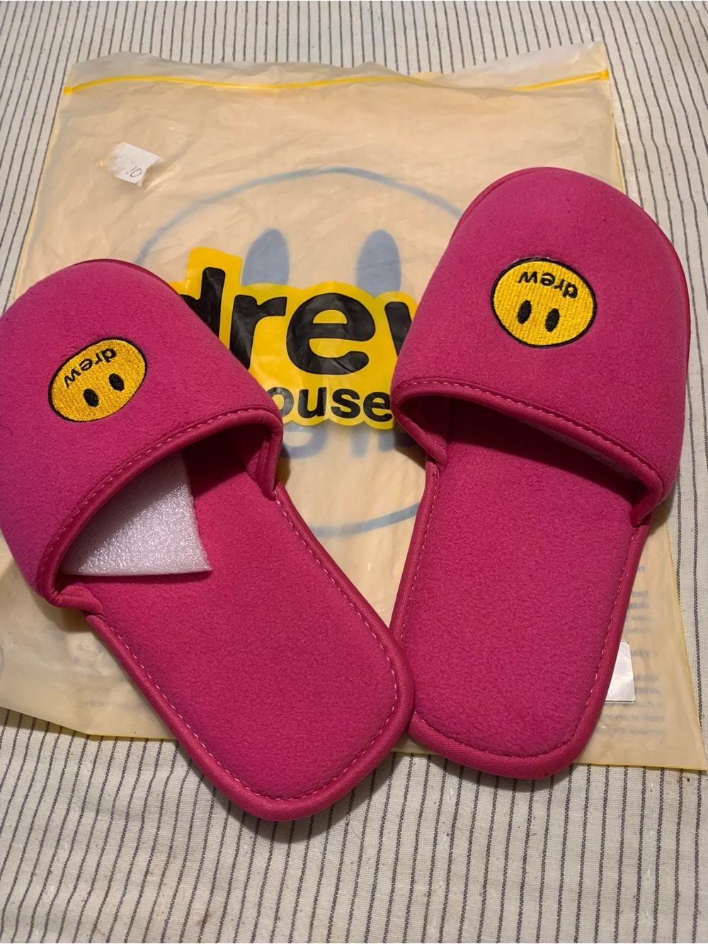Drew House Pink Slippers with Smiley Patch